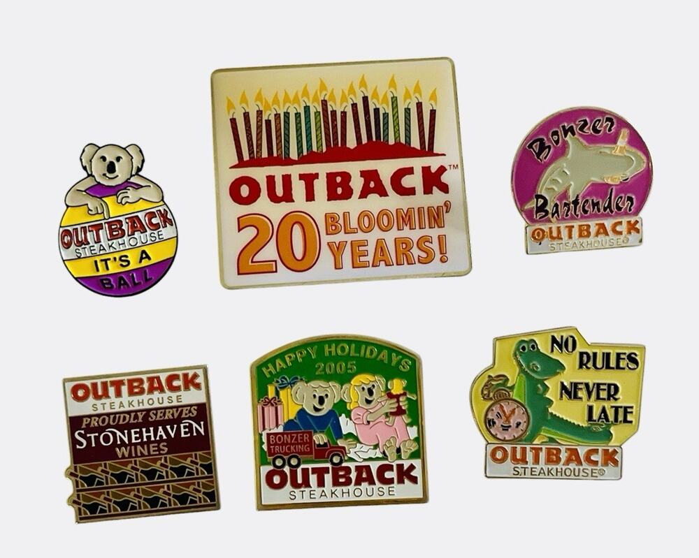 Outback Steakhouse Lot of 6 Vintage Lapel Pins 20 Bloomin Years Bartender Bonzer